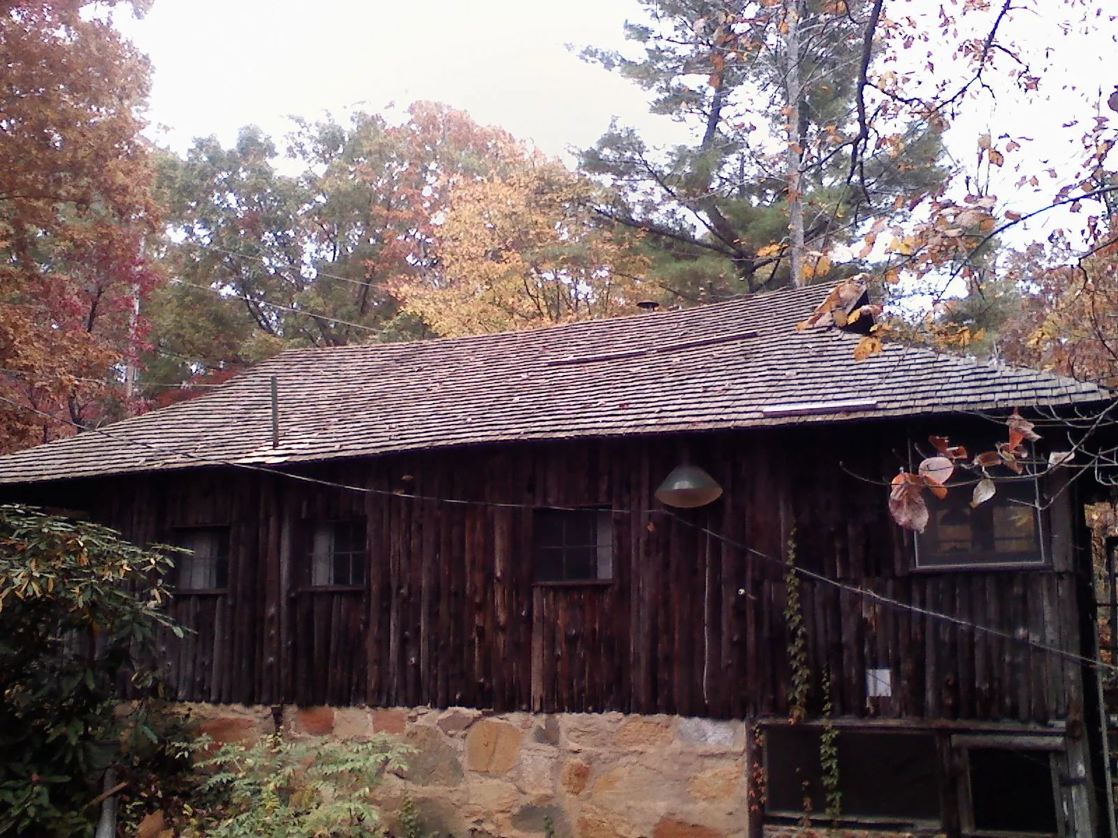 Weathered wood shake roof on a rustic board sided cabin in Hammonton